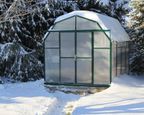 An Elite Grandio Greenhouse with snow on the roof is surrounded by a snowy winter landscape.